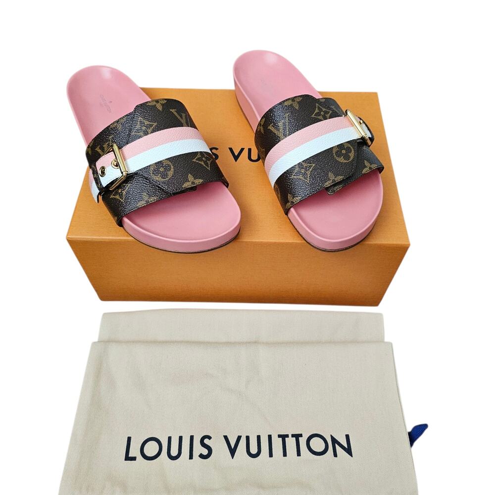 Louis Vuitton Bom Dia Flat Slide Mule Sandal Brown Pink LV Monogram Size 40 US10 - Picture 2 of 13
